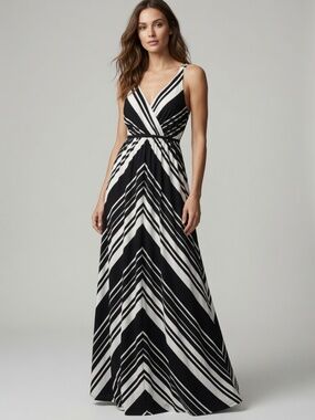 Soma Black Ivory Striped Maxi Dress XS Empire V-Neck